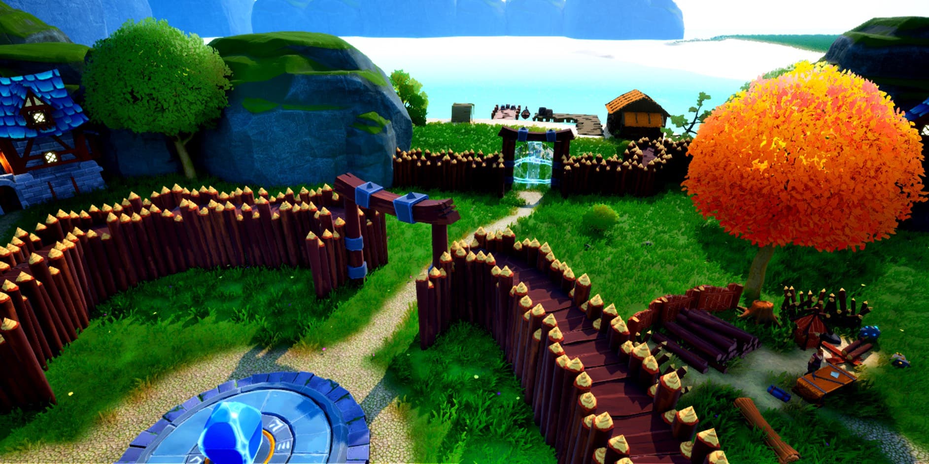 Top-down view of a world, barricades winding around the glowing core